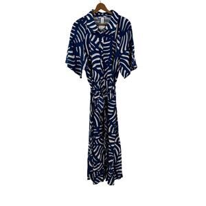 NEW H&M Midi Maxi Dress XL Blue Botanical Print Button Front Belted Coastal